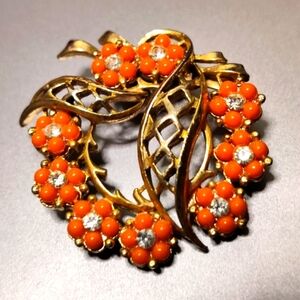 Vintage Coro Faux Coral Flower Bouquet Pin